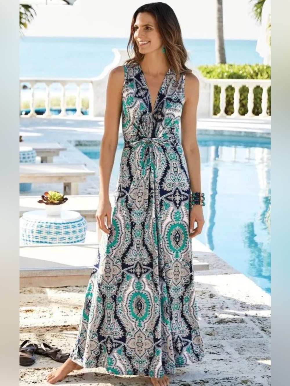 Soft Surroundings Teal & Navy Paisley Tie-Waist Maxi Dress size pm